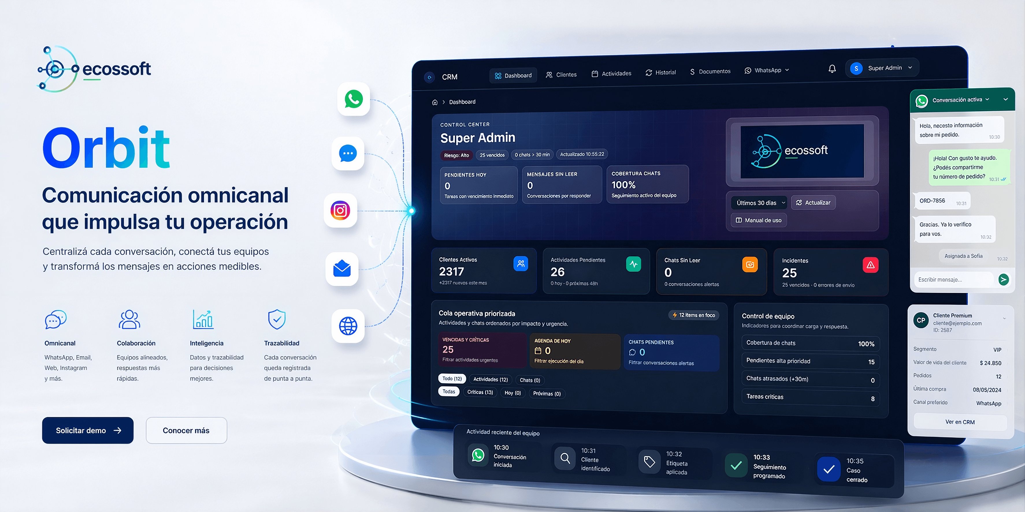 Hero principal de Orbit con dashboard y canales omnicanal