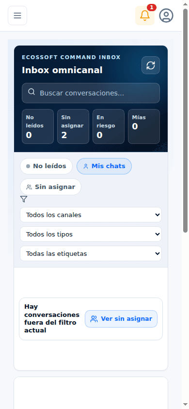 Vista móvil real de mensajes en Orbit CRM